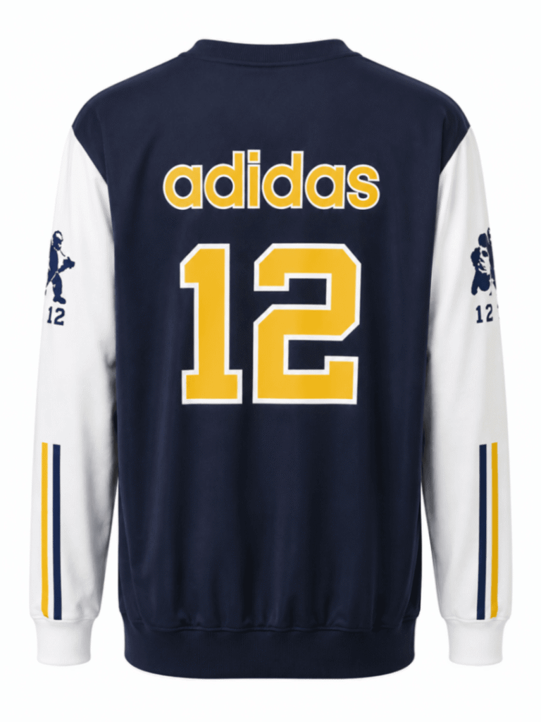 Sudadera BOCA JUNIORS #12, azul oscuro con mangas blancas y dibujo del puente Avellaneda