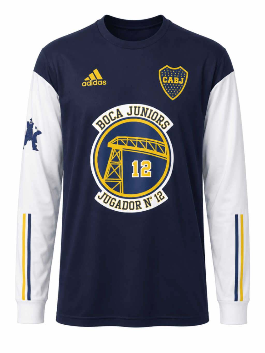 Sudadera BOCA JUNIORS #12, azul oscuro con mangas blancas y dibujo del puente Avellaneda
