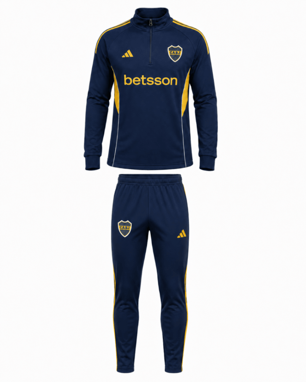 Conjunto buzo BOCA JUNIORS, azul oscuro con la cintura amarilla y cuello alto