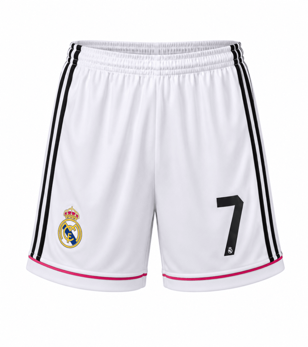 Pantaloneta REAL MADRID #7, blanca con borde rosa