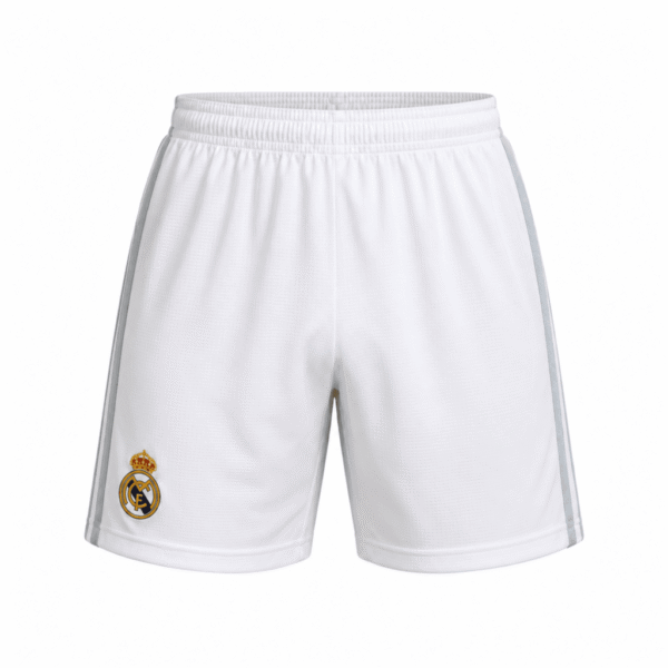 Pantaloneta REAL MADRID, blanca con líneas grises a los costados