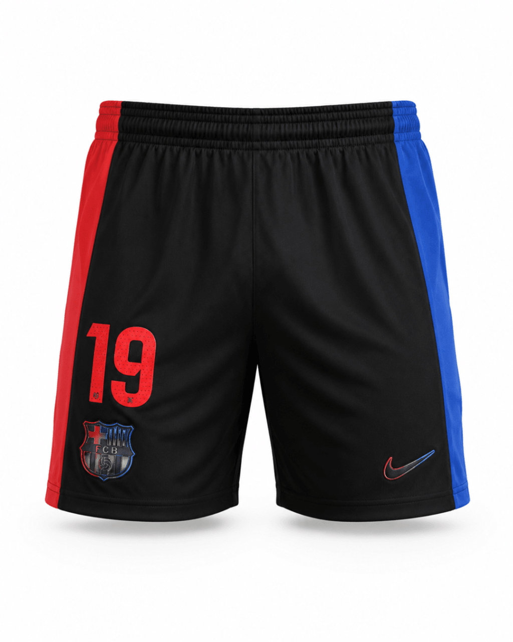 Pantaloneta BARCELONA #19, negro con azul y rojo al costado