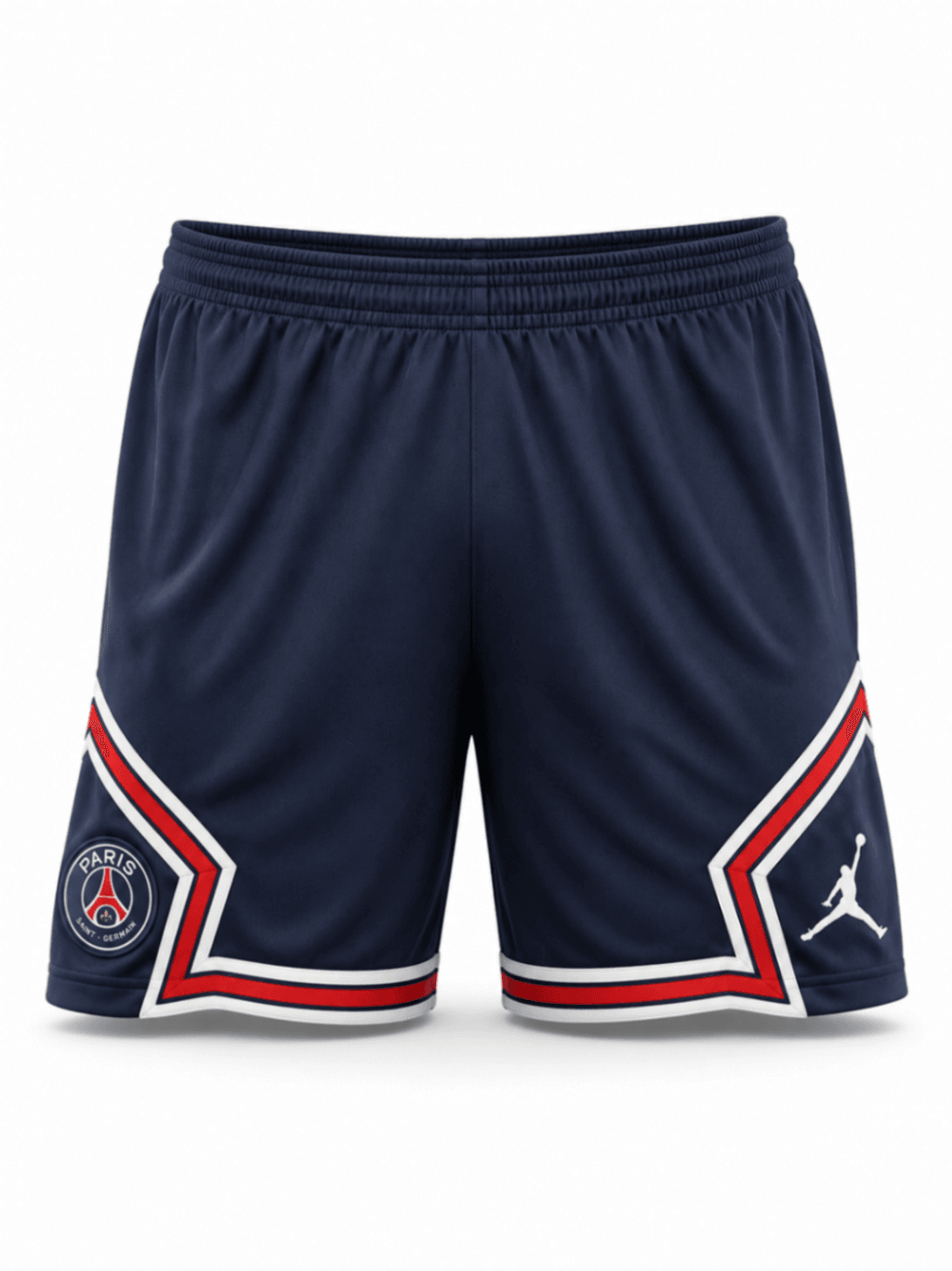 Pantaloneta PSG, azul oscuro con franjas blanco, azul y rojo