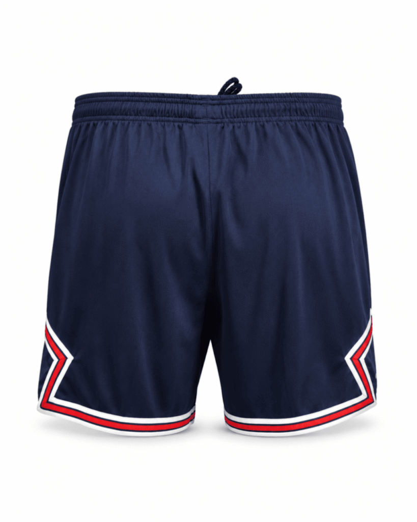 Pantaloneta PSG, azul oscuro con franjas blanco, azul y rojo