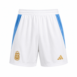 Pantaloneta ARGENTINA, blanca con costados celestes y escudos dorados