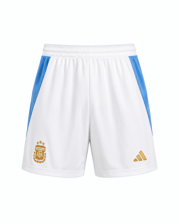 Pantaloneta ARGENTINA, blanca con costados celestes y escudos dorados