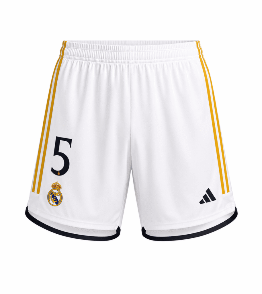 Pantaloneta REAL MADRID #5, blanca con franjas amarillas al costado