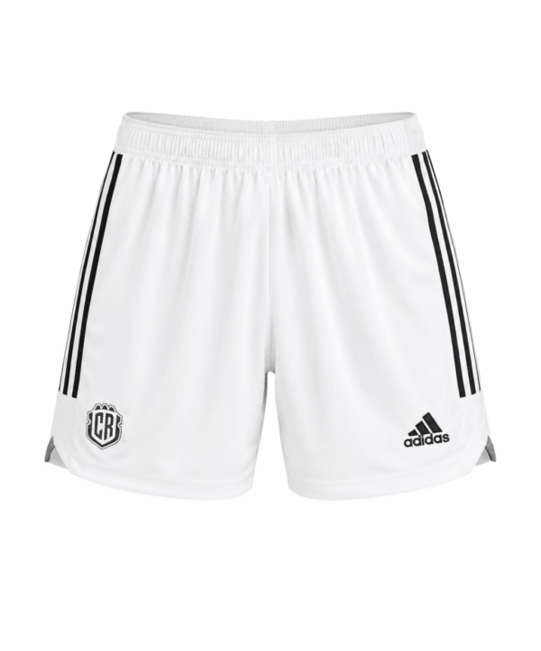 Pantaloneta original COSTA RICA, blanca con franjas negras al costado y escudo en negro