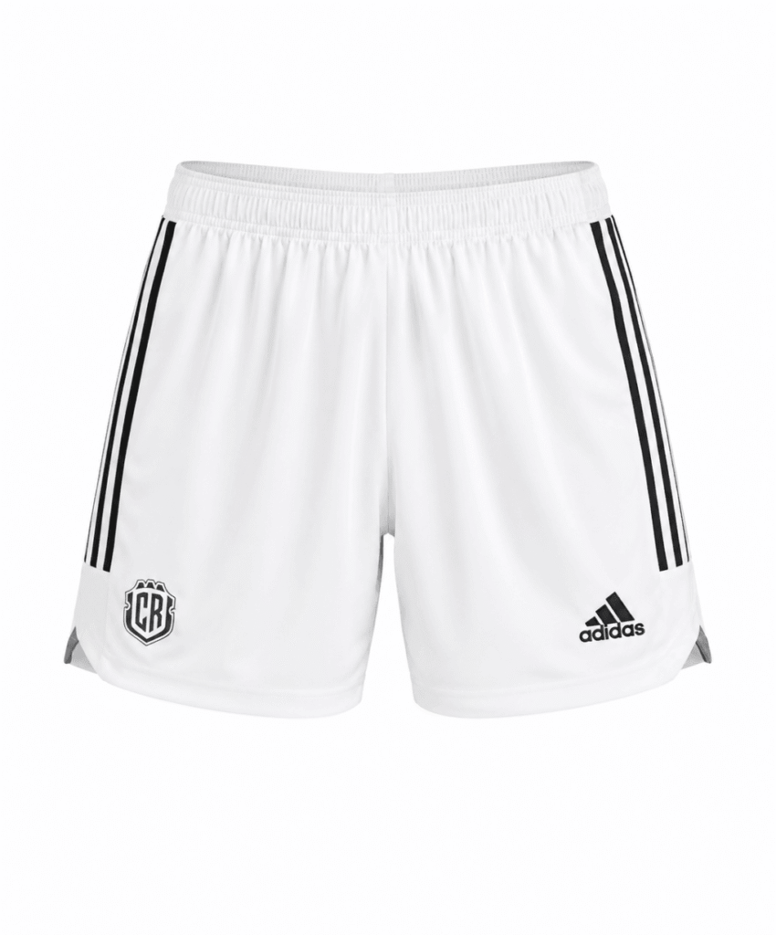 Pantaloneta COSTA RICA, blanca con franjas negras al costado y escudo en negro