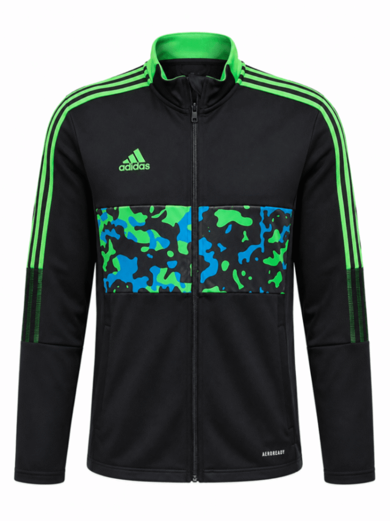Jacket original ADIDAS, color negro con cuello verde y alto