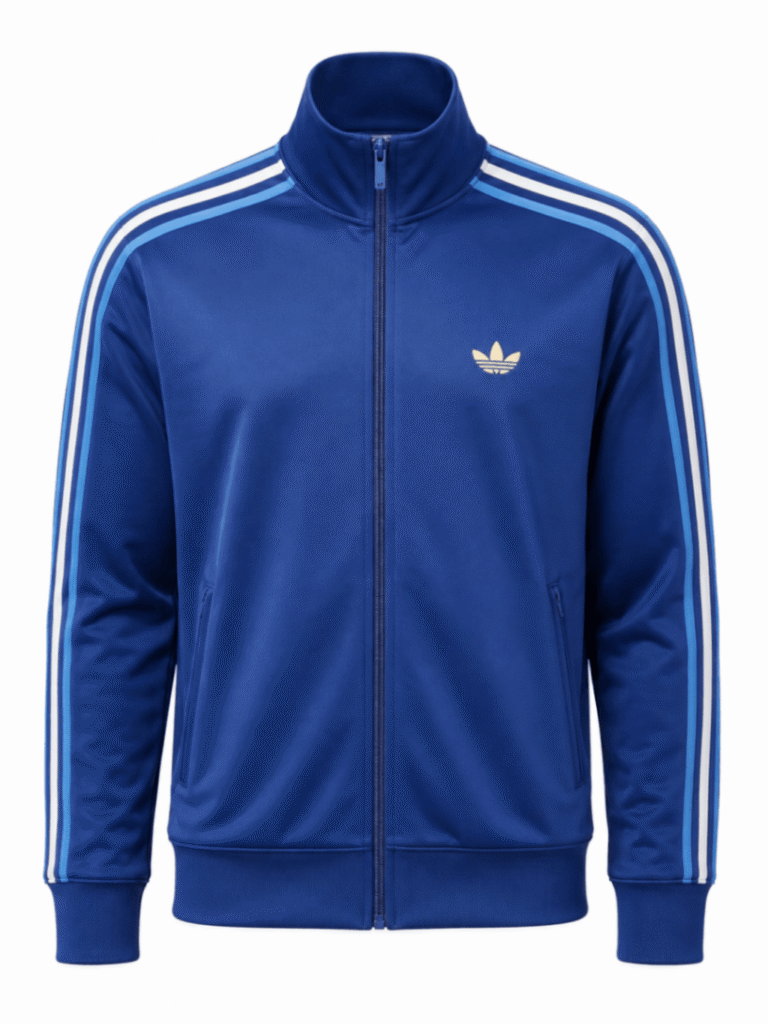 Jacket original ADIDAS, color azul marino con franjas verticales celestes y blancas