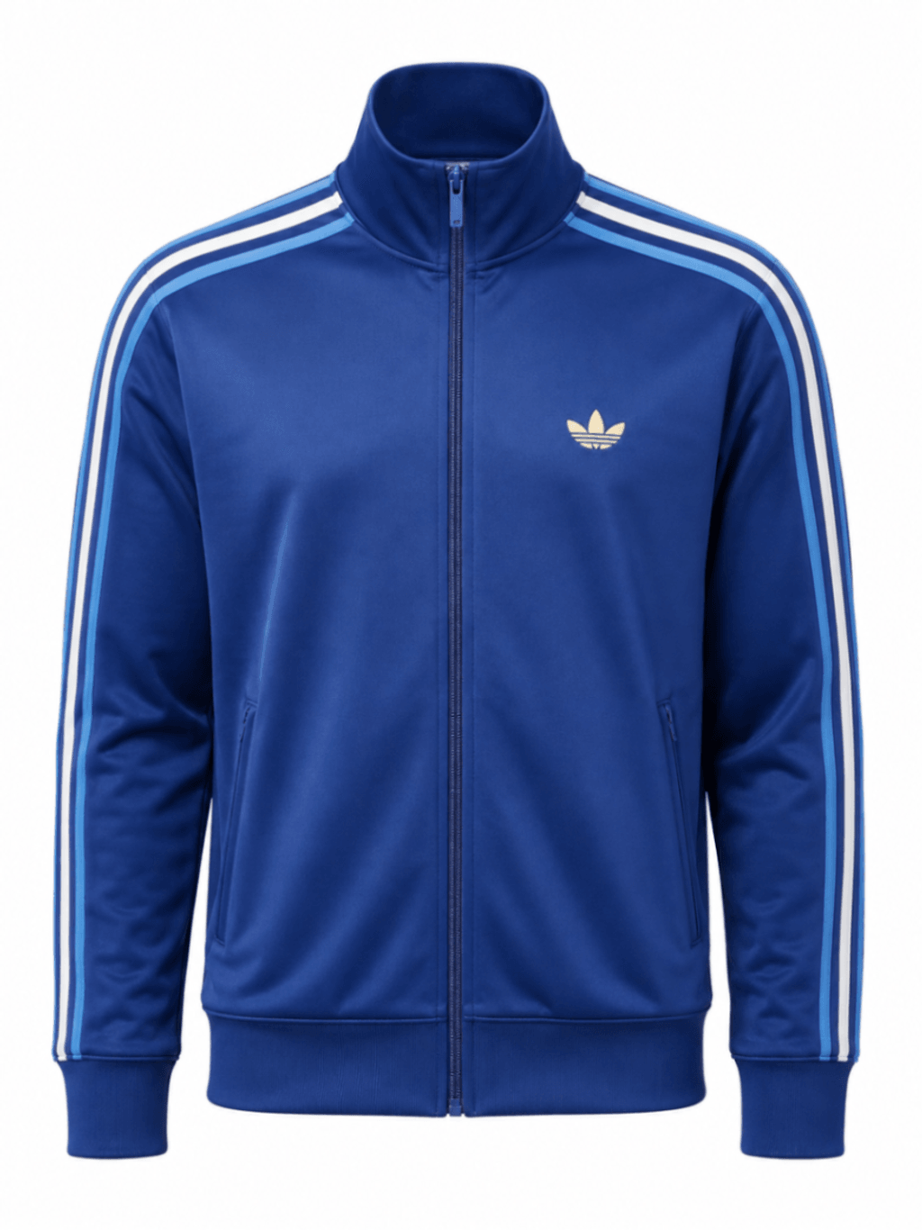 Jacket original ADIDAS, color azul marino con franjas verticales celestes y blancas