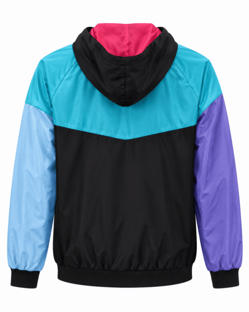 Jacket PSG, impermeable, negro con hombros verde y mangas celeste y morada