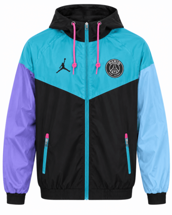 Jacket PSG, impermeable, negro con hombros verde y mangas celeste y morada