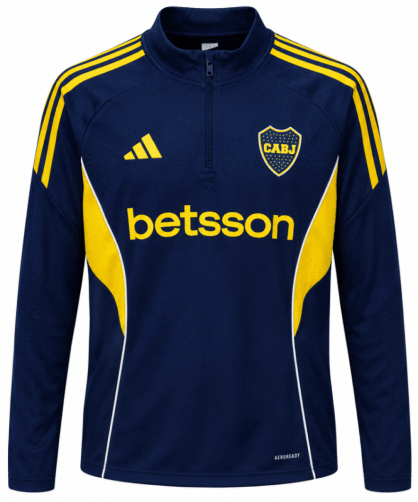 Jacket BOCA JUNIORS, color azul oscuro con la cintura amarilla y cuello alto