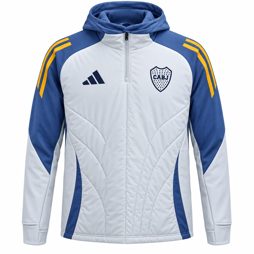 Jacket original BOCA JUNIORS, color gris claro con mangas y hombros en celeste oscuro