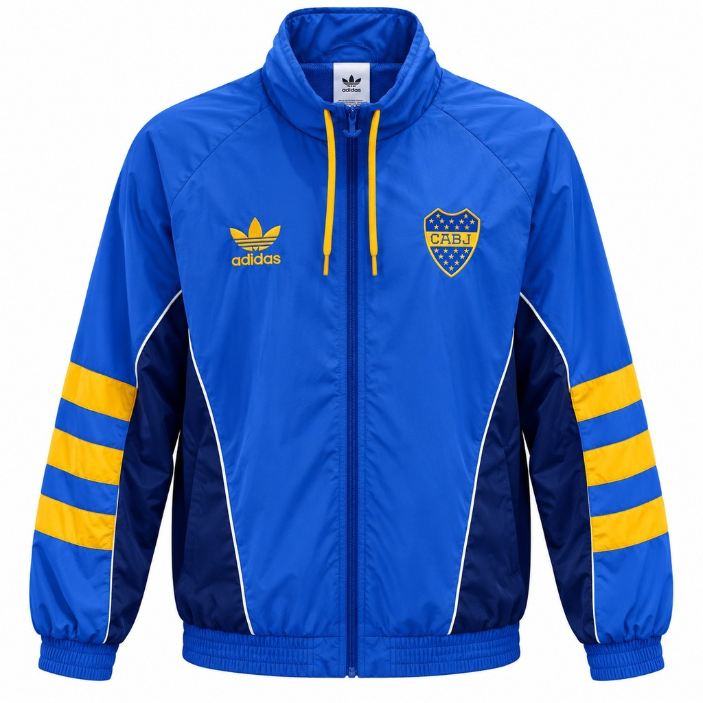 Jacket original BOCA JUNIORS, color azul con costados en azul oscuro y franjas amarillas en mangas