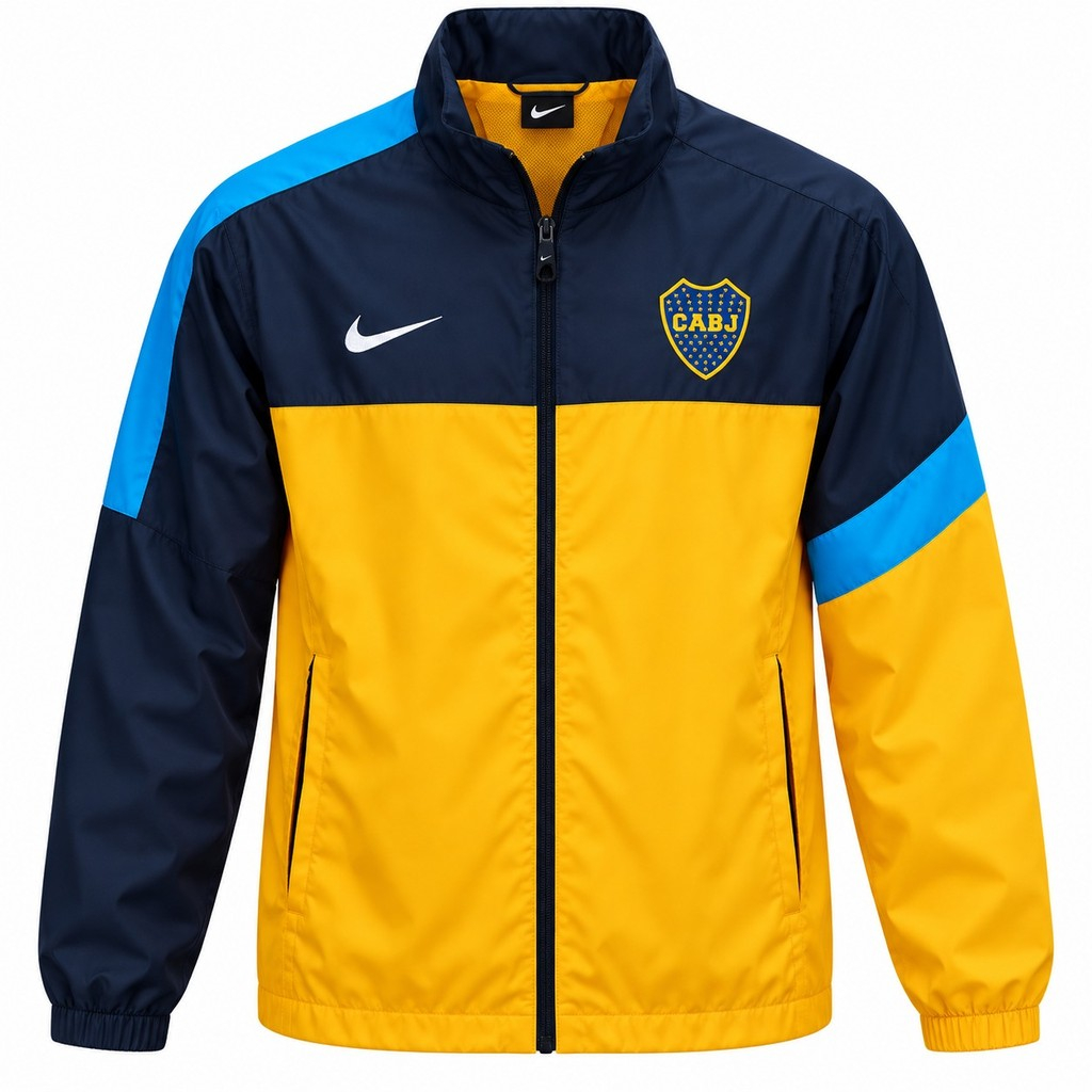 Jacket original BOCA JUNIORS, color amarillo con hombros y una manga azul oscuro